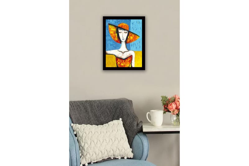 Innrammet lerretsbilde i tre - 41x56 cm - Kvinne med stor hatt i sterke farger - Oransje / Blå / Gul - Innredning - Bilder & kunst
