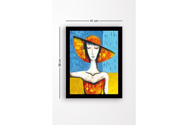 Innrammet lerretsbilde i tre - 41x56 cm - Kvinne med stor hatt i sterke farger - Oransje / Blå / Gul - Innredning - Bilder & kunst