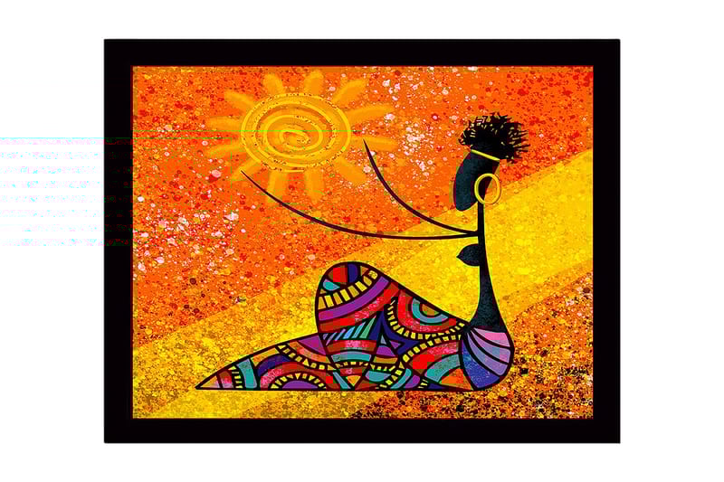 Innrammet lerretsbilde i tre - 41x56 cm - Kvinne som holder en sol med fargerike mønstre - Oransje / Svart / Gul - Innredning - Bilder & kunst