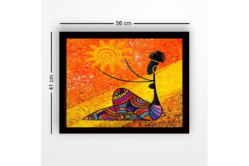 Innrammet lerretsbilde i tre - 41x56 cm - Kvinne som holder en sol med fargerike mønstre - Oransje / Svart / Gul - Innredning - Bilder & kunst