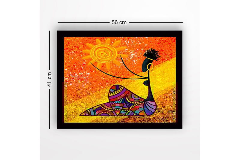 Innrammet lerretsbilde i tre - 41x56 cm - Kvinne som holder en sol med fargerike mønstre - Oransje / Svart / Gul - Innredning - Bilder & kunst