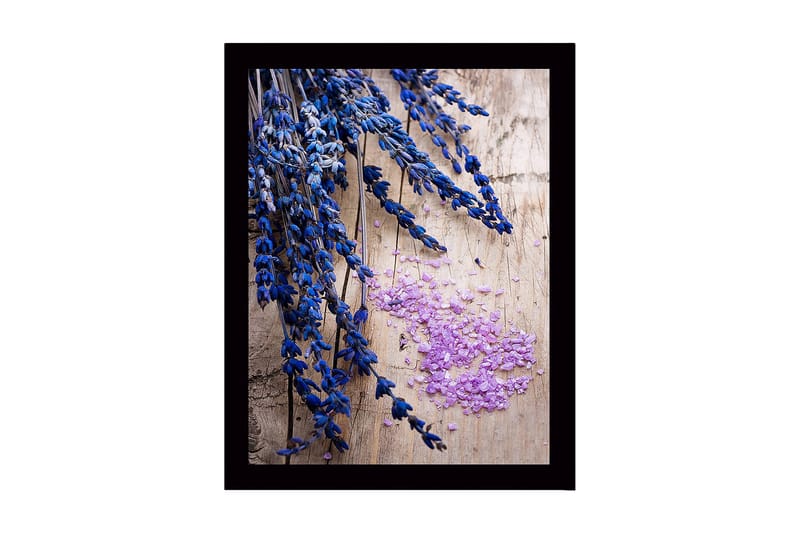 Innrammet lerretsbilde i tre - 41x56 cm - Lavendelblomster med rosa saltkrystaller, Blå / Lilla