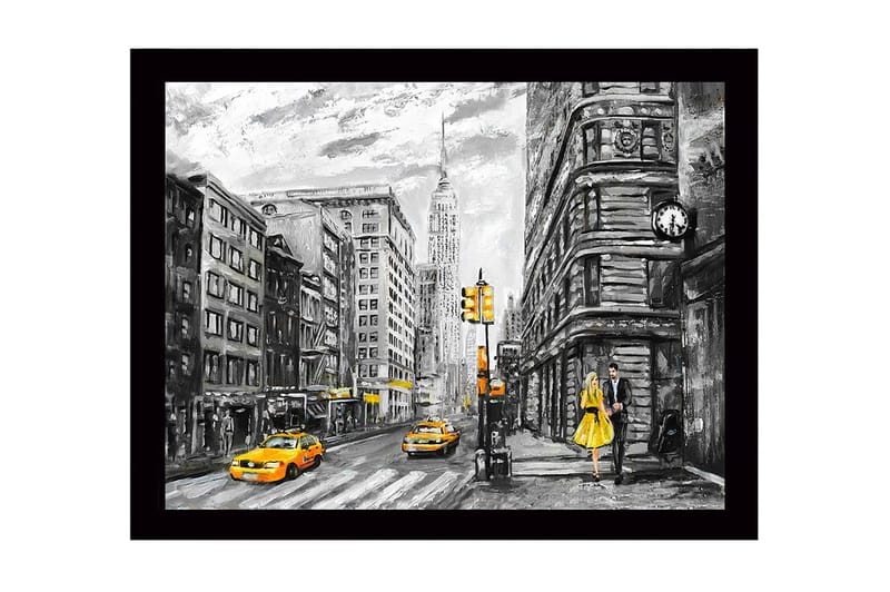 Innrammet lerretsbilde i tre - 41x56 cm - Livlig bybilde med en kvinne i gul kjole og gule drosjer, Gul / Svart / Grå