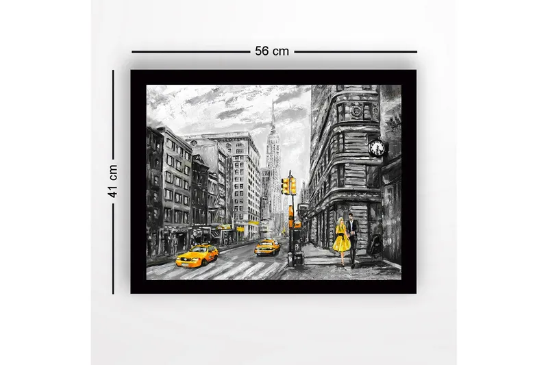 Innrammet lerretsbilde i tre - 41x56 cm - Livlig bybilde med en kvinne i gul kjole og gule drosjer - Gul / Svart / Grå - Innredning - Bilder & kunst