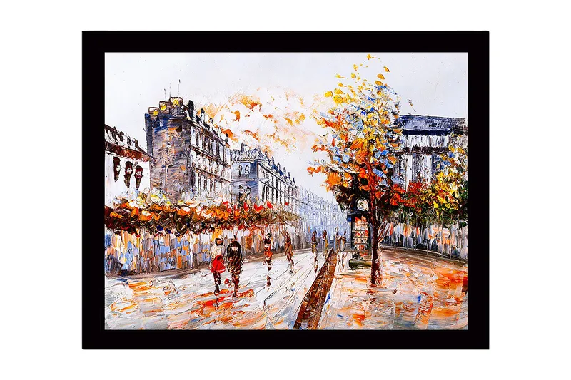 Innrammet lerretsbilde i tre - 41x56 cm - Livlig bybilde med folk som går under høsttrær - Oransje / Blå / Grå - Innredning - Bilder & kunst