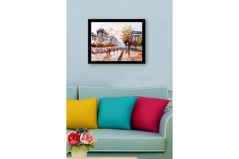 Innrammet lerretsbilde i tre - 41x56 cm - Livlig bybilde med folk som går under høsttrær - Oransje / Blå / Grå - Innredning - Bilder & kunst