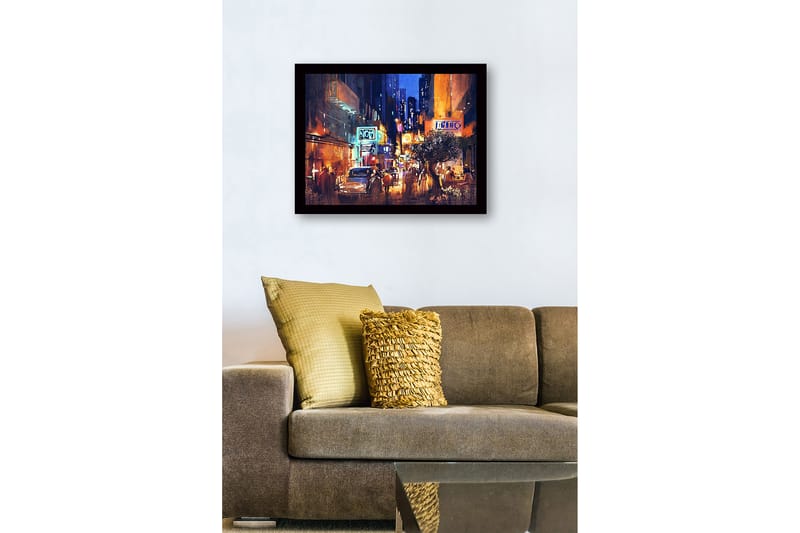 Innrammet lerretsbilde i tre - 41x56 cm - Livlig bybilde med nattlig atmosfære og mennesker i bevegelse - Mørk blå / Oransje / Hvit - Innredning - Bilder & kunst