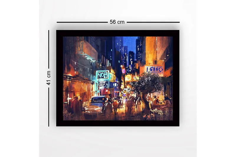 Innrammet lerretsbilde i tre - 41x56 cm - Livlig bybilde med nattlig atmosfære og mennesker i bevegelse - Mørk blå / Oransje / Hvit - Innredning - Bilder & kunst