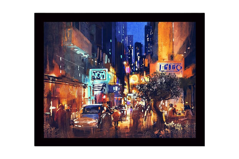 Innrammet lerretsbilde i tre - 41x56 cm - Livlig bybilde med nattlig atmosfære og mennesker i bevegelse - Mørk blå / Oransje / Hvit - Innredning - Bilder & kunst