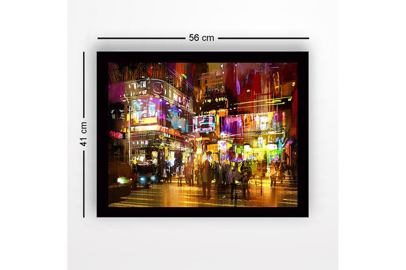 Innrammet lerretsbilde i tre - 41x56 cm - Livlig byscene med neonlys og mennesker i bevegelse - Lilla / Gul / Oransje - Innredning - Bilder & kunst