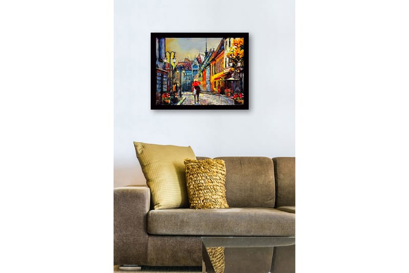 Innrammet lerretsbilde i tre - 41x56 cm - Livlig gate med mennesker og paraplyer i et urbant miljø - Gul / Rød / Blå - Innredning - Bilder & kunst