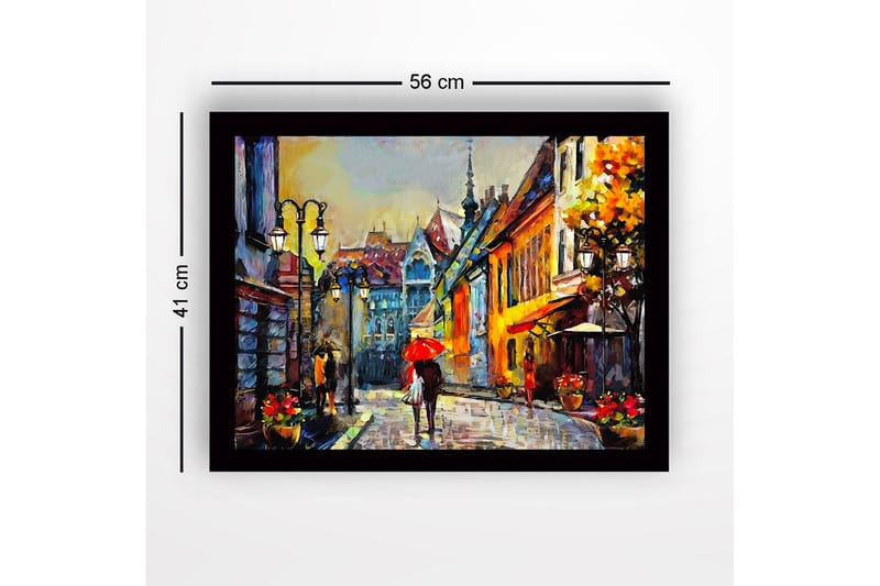 Innrammet lerretsbilde i tre - 41x56 cm - Livlig gate med mennesker og paraplyer i et urbant miljø - Gul / Rød / Blå - Innredning - Bilder & kunst