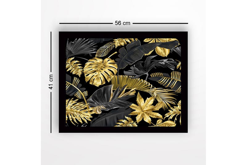 Innrammet lerretsbilde i tre - 41x56 cm - Luksuriøs samling av tropiske blader i gull og svart - Gull / Svart - Innredning - Bilder & kunst