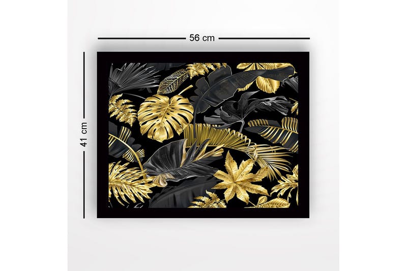 Innrammet lerretsbilde i tre - 41x56 cm - Luksuriøs samling av tropiske blader i gull og svart - Gull / Svart - Innredning - Bilder & kunst