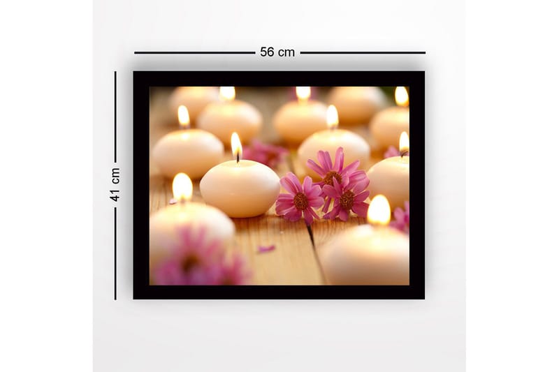 Innrammet lerretsbilde i tre - 41x56 cm - Lysende duftlys omgitt av blomster - Lys rosa / Hvit / Beige - Innredning - Bilder & kunst