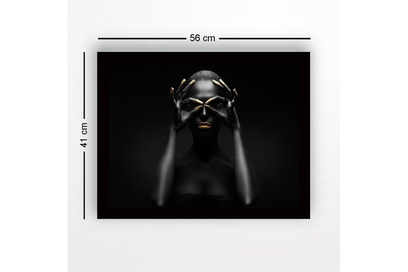 Innrammet lerretsbilde i tre - 41x56 cm - Mørk silhuett av en kvinne med gulldetaljer som danner en maske - Svart / Gull - Innredning - Bilder & kunst