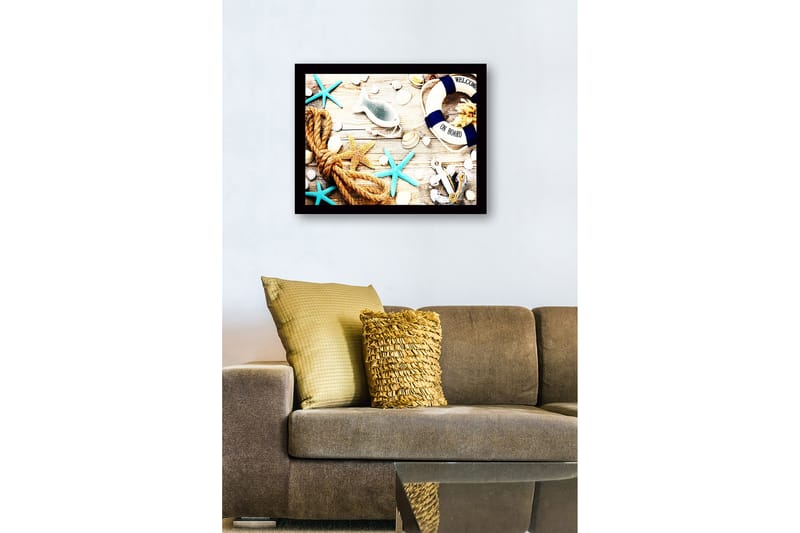Innrammet lerretsbilde i tre - 41x56 cm - Maritim ro med skjell, stjerner og livbøye - Blå / Beige / Oransje - Innredning - Bilder & kunst