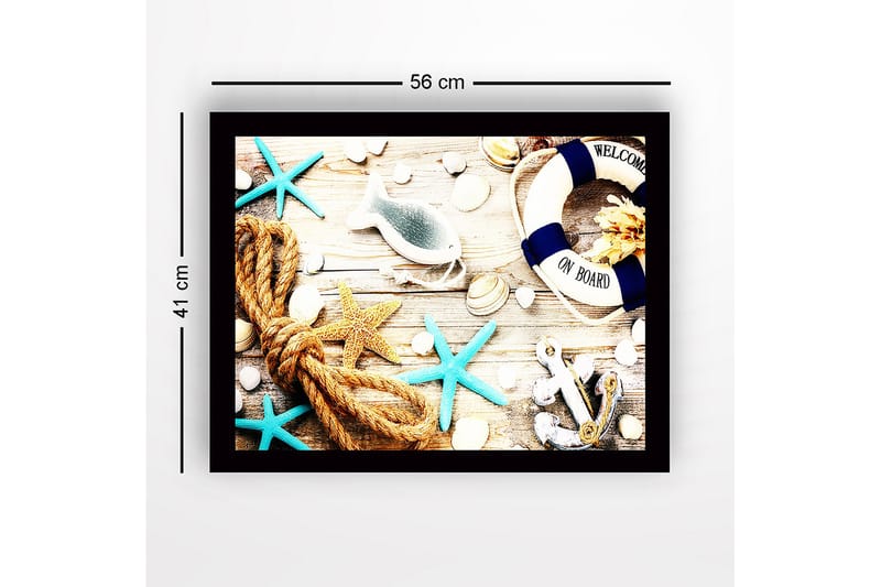 Innrammet lerretsbilde i tre - 41x56 cm - Maritim ro med skjell, stjerner og livbøye - Blå / Beige / Oransje - Innredning - Bilder & kunst