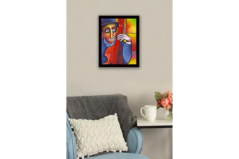 Innrammet lerretsbilde i tre - 41x56 cm - Musiker med kontrabass i en fargerik komposisjon - Rød / Blå / Gul - Innredning - Bilder & kunst