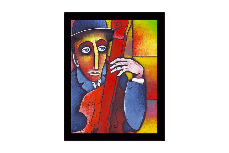 Innrammet lerretsbilde i tre - 41x56 cm - Musiker med kontrabass i en fargerik komposisjon, Rød / Blå / Gul