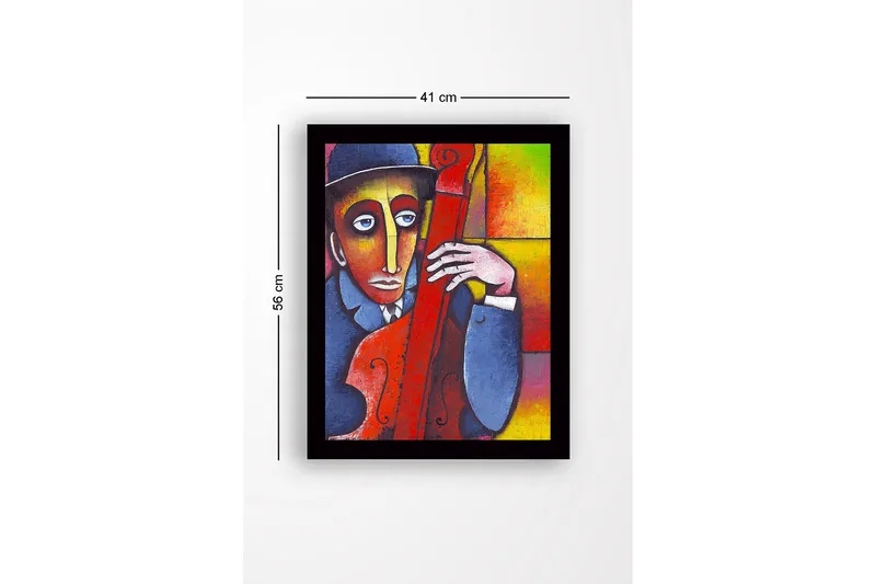 Innrammet lerretsbilde i tre - 41x56 cm - Musiker med kontrabass i en fargerik komposisjon - Rød / Blå / Gul - Innredning - Bilder & kunst