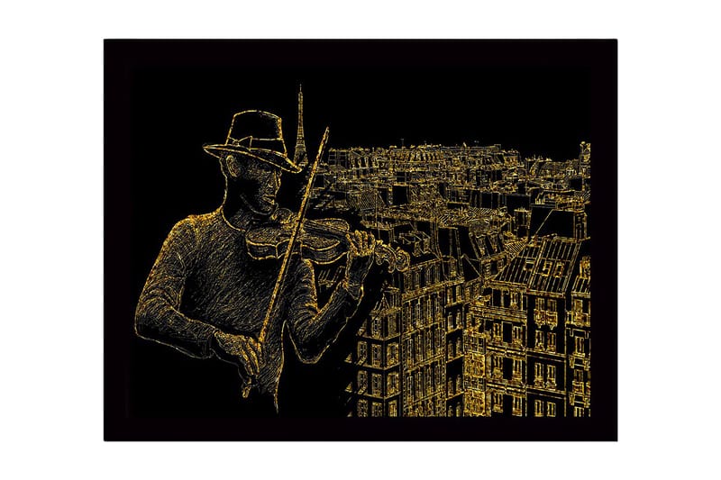 Innrammet lerretsbilde i tre - 41x56 cm - Musiker som spiller fiolin med en bysilhuett i bakgrunnen, Gull / Svart