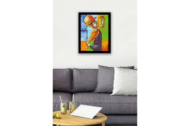 Innrammet lerretsbilde i tre - 41x56 cm - Musiker som spiller fiolin med en følelse av tidens gang - Blå / Grønn / Oransje - Innredning - Bilder & kunst