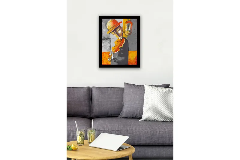 Innrammet lerretsbilde i tre - 41x56 cm - Musiker som spiller fiolin med en nostalgisk følelse - Grå / Oransje / Gul - Innredning - Bilder & kunst