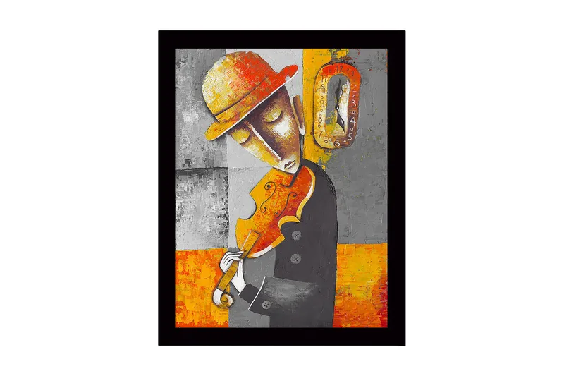 Innrammet lerretsbilde i tre - 41x56 cm - Musiker som spiller fiolin med en nostalgisk følelse, Grå / Oransje / Gul
