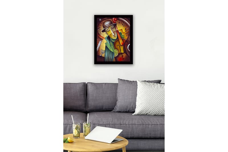 Innrammet lerretsbilde i tre - 41x56 cm - Musiker som spiller fiolin med et drømmende uttrykk - Gull / Grønn / Brun - Innredning - Bilder & kunst