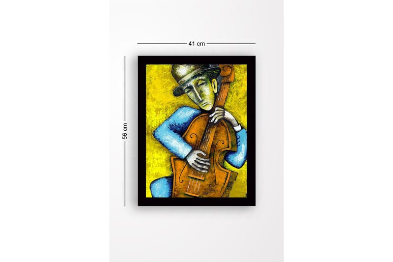 Innrammet lerretsbilde i tre - 41x56 cm - Musiker som spiller kontrabass med emosjonelt uttrykk - Gul / Blå / Brun - Innredning - Bilder & kunst