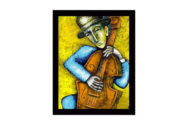 Innrammet lerretsbilde i tre - 41x56 cm - Musiker som spiller kontrabass med emosjonelt uttrykk, Gul / Blå / Brun