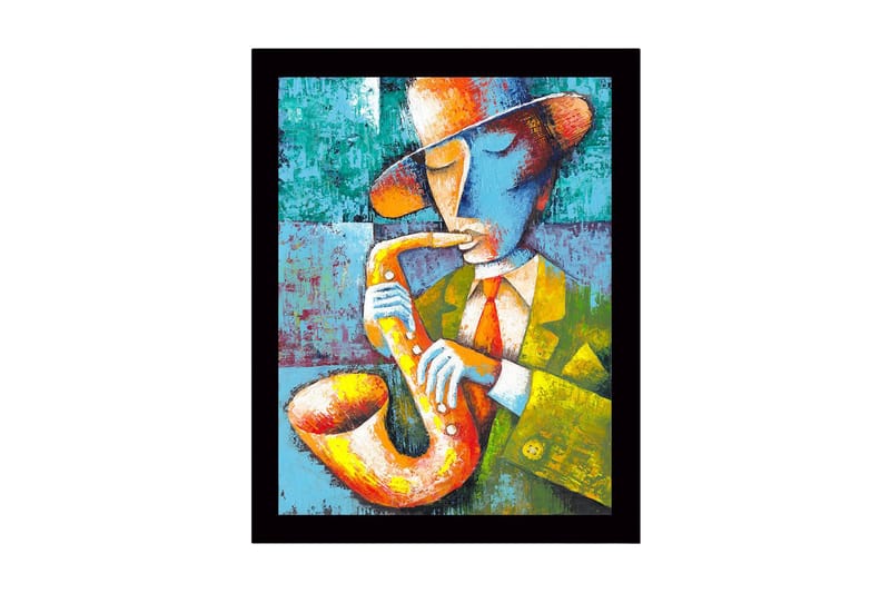 Innrammet lerretsbilde i tre - 41x56 cm - Musiker som spiller saksofon i en fargerik og uttrykksfull stil, Gul / Grønn / Blå
