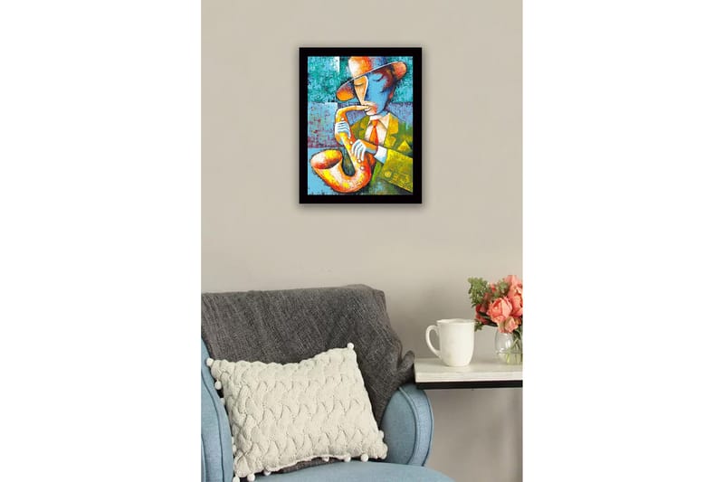 Innrammet lerretsbilde i tre - 41x56 cm - Musiker som spiller saksofon i en fargerik og uttrykksfull stil - Gul / Grønn / Blå - Innredning - Bilder & kunst