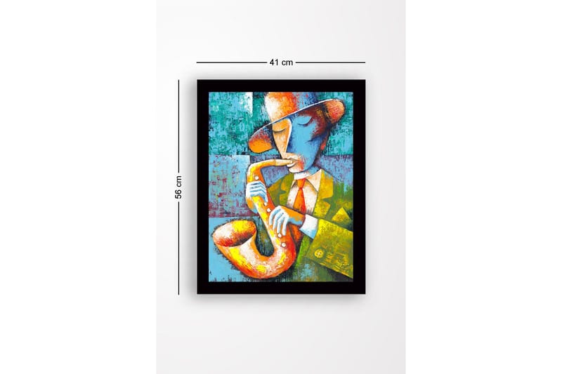 Innrammet lerretsbilde i tre - 41x56 cm - Musiker som spiller saksofon i en fargerik og uttrykksfull stil - Gul / Grønn / Blå - Innredning - Bilder & kunst