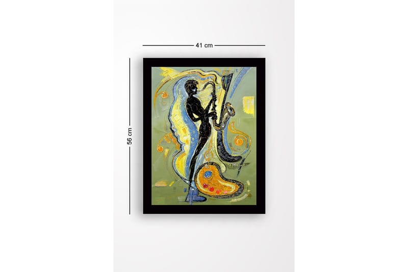 Innrammet lerretsbilde i tre - 41x56 cm - Musiker som spiller saksofon med fargerike husker rundt omkring - Svart / Gul / Blå - Innredning - Bilder & kunst