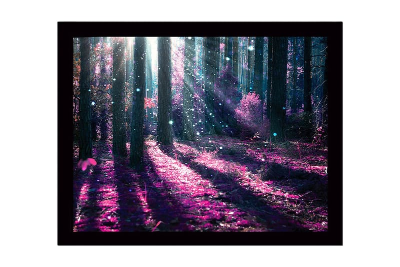 Innrammet lerretsbilde i tre - 41x56 cm - Mystisk skog med lilla og blå lysstråler - Lilla / Blå - Innredning - Bilder & kunst