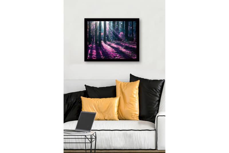 Innrammet lerretsbilde i tre - 41x56 cm - Mystisk skog med lilla og blå lysstråler - Lilla / Blå - Innredning - Bilder & kunst