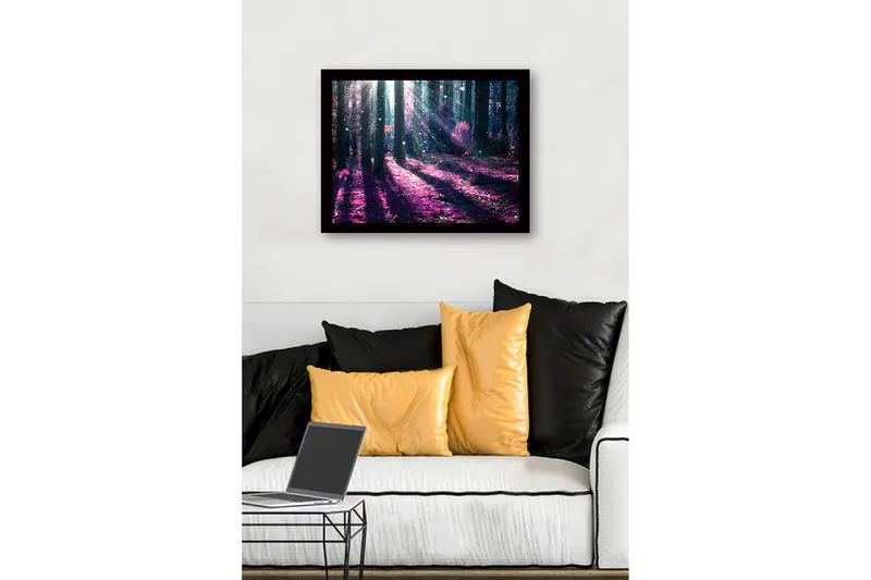 Innrammet lerretsbilde i tre - 41x56 cm - Mystisk skog med lilla og blå lysstråler - Lilla / Blå - Innredning - Bilder & kunst