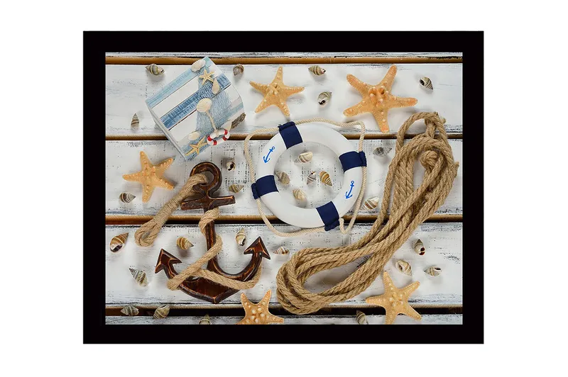 Innrammet lerretsbilde i tre - 41x56 cm - Nautisk ro med anker og livbøye - Blå / Beige / Brun - Innredning - Bilder & kunst