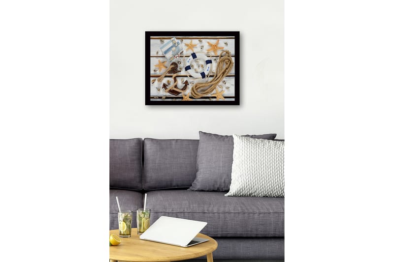 Innrammet lerretsbilde i tre - 41x56 cm - Nautisk ro med anker og livbøye - Blå / Beige / Brun - Innredning - Bilder & kunst