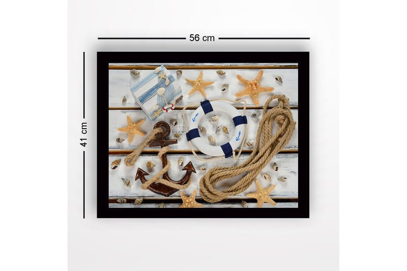 Innrammet lerretsbilde i tre - 41x56 cm - Nautisk ro med anker og livbøye - Blå / Beige / Brun - Innredning - Bilder & kunst