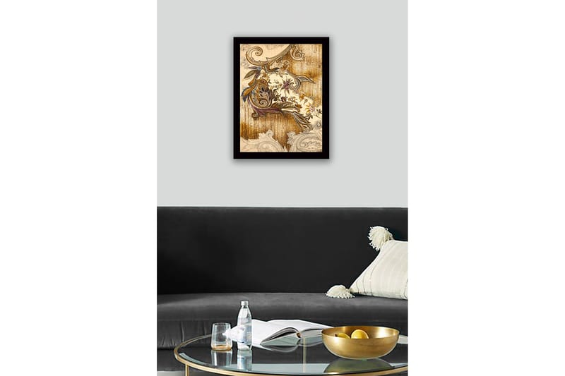 Innrammet lerretsbilde i tre - 41x56 cm - Ornamentalt mønster med blomster og bladverk - Gull / Brun / Lilla - Innredning - Bilder & kunst