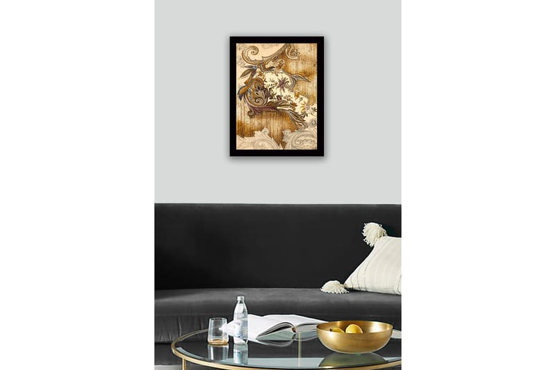 Innrammet lerretsbilde i tre - 41x56 cm - Ornamentalt mønster med blomster og bladverk - Gull / Brun / Lilla - Innredning - Bilder & kunst