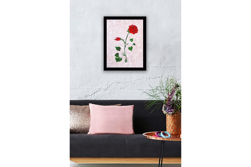 Innrammet lerretsbilde i tre - 41x56 cm - Rød rose med grønne blader på en myk marmorlignende bakgrunn - Rød / Grønn / Lys rosa - Innredning - Bilder & kunst