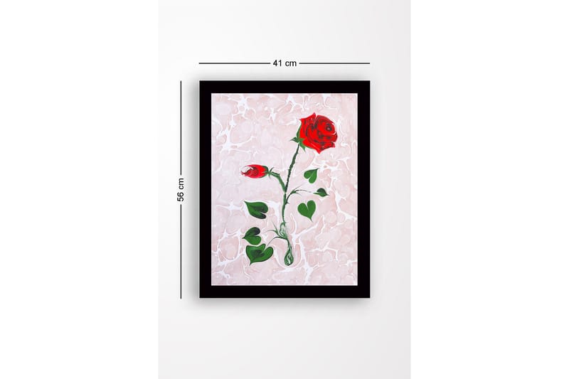 Innrammet lerretsbilde i tre - 41x56 cm - Rød rose med grønne blader på en myk marmorlignende bakgrunn - Rød / Grønn / Lys rosa - Innredning - Bilder & kunst