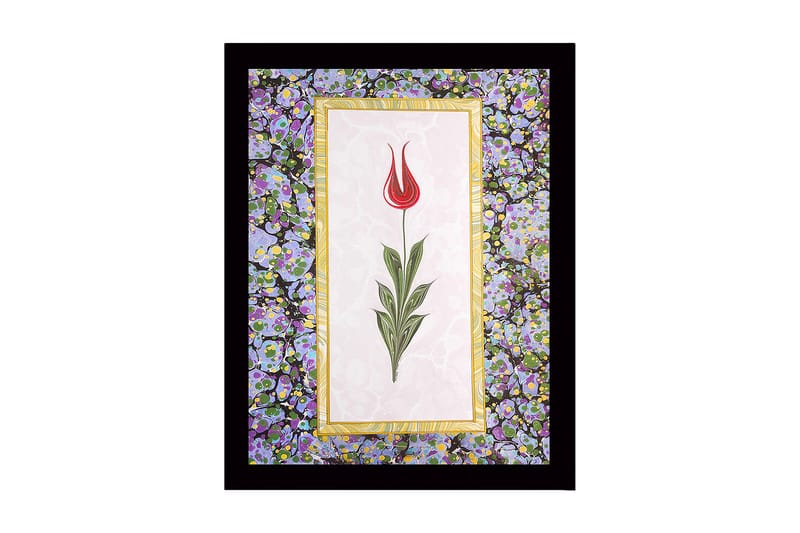 Innrammet lerretsbilde i tre - 41x56 cm - Rød tulipan med grønne blader på lys bakgrunn, Rød / Grønn / Lilla