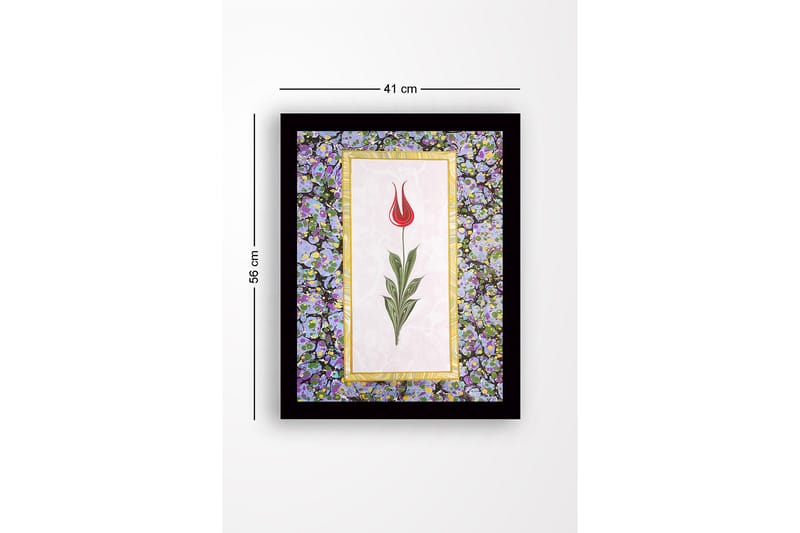 Innrammet lerretsbilde i tre - 41x56 cm - Rød tulipan med grønne blader på lys bakgrunn - Rød / Grønn / Lilla - Innredning - Bilder & kunst