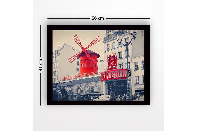 Innrammet lerretsbilde i tre - 41x56 cm - Rød vindmølle med neonlys på Moulin Rouge - Rød / Svart / Grå - Innredning - Bilder & kunst
