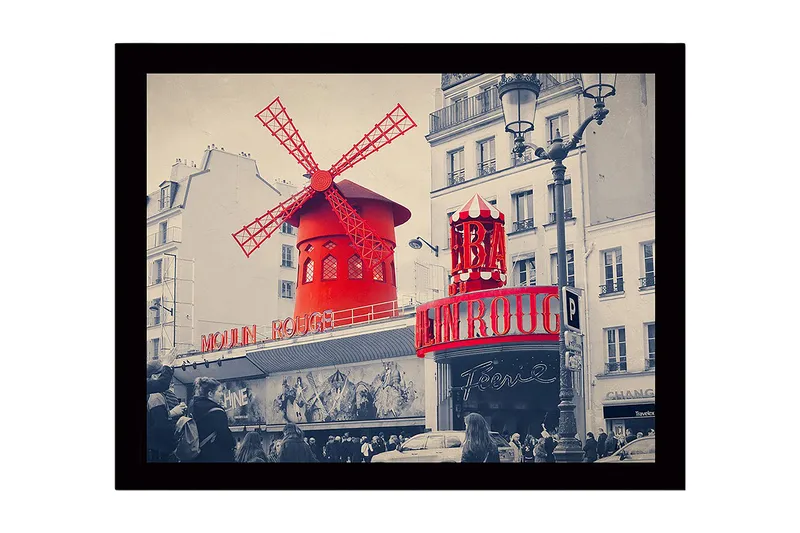Innrammet lerretsbilde i tre - 41x56 cm - Rød vindmølle med neonlys på Moulin Rouge, Rød / Svart / Grå
